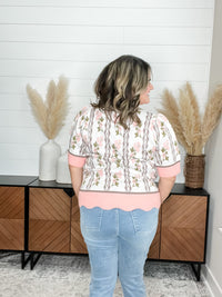 "Direction" Floral Short Sleeve Scallop Edge Sweater