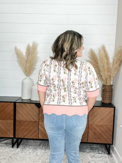 "Direction" Floral Short Sleeve Scallop Edge Sweater