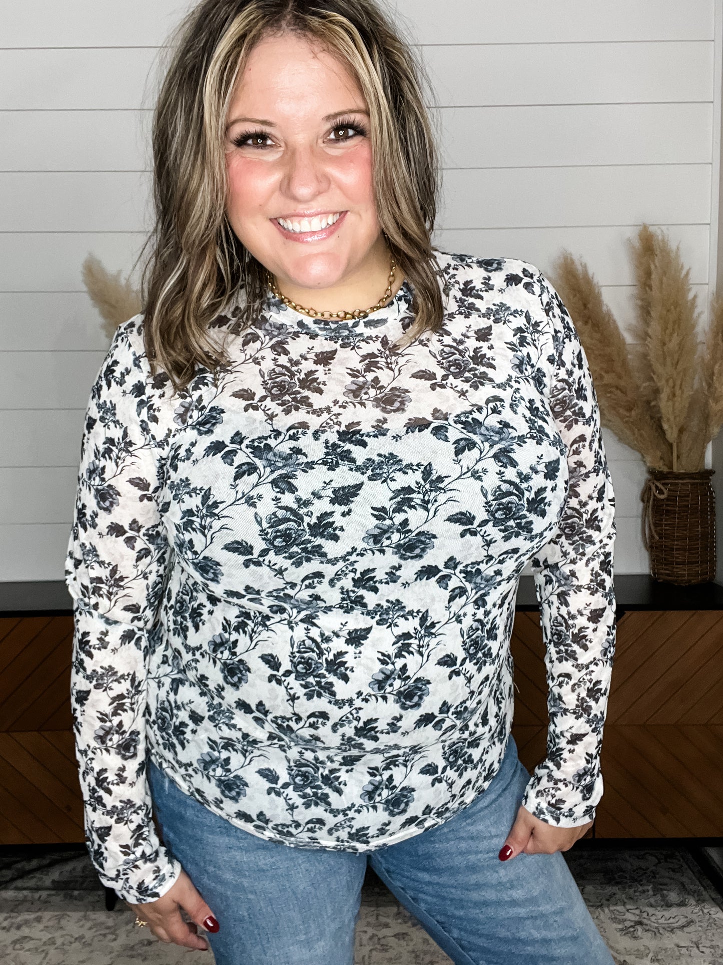Shirley and Stone Black & White Floral Long Sleeve Mesh Top
