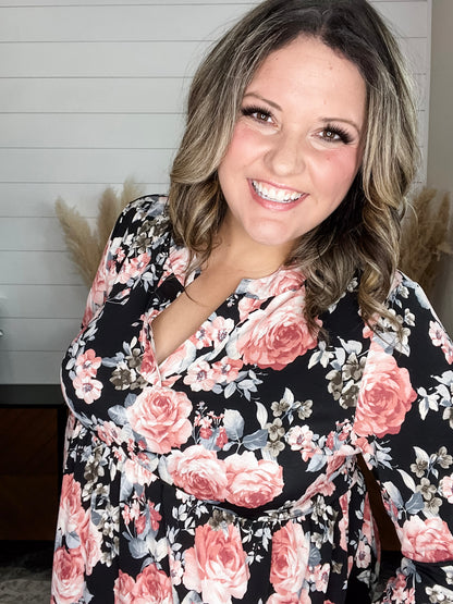 "Precise" Floral Split Neck 3/4 Sleeve Babydoll