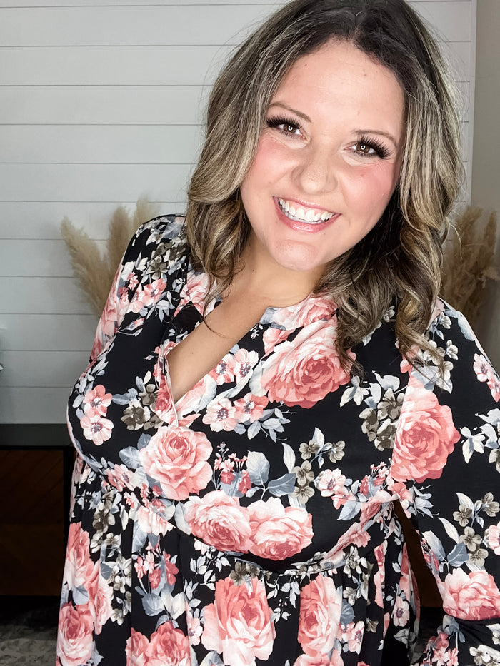 Dear Scarlett "Precise" Floral Split Neck 3/4 Sleeve Babydoll