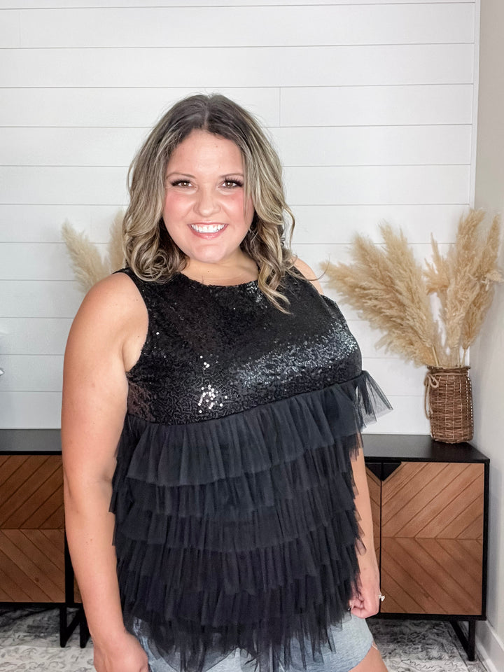 "On The Town" Sequined Ruffle Tank