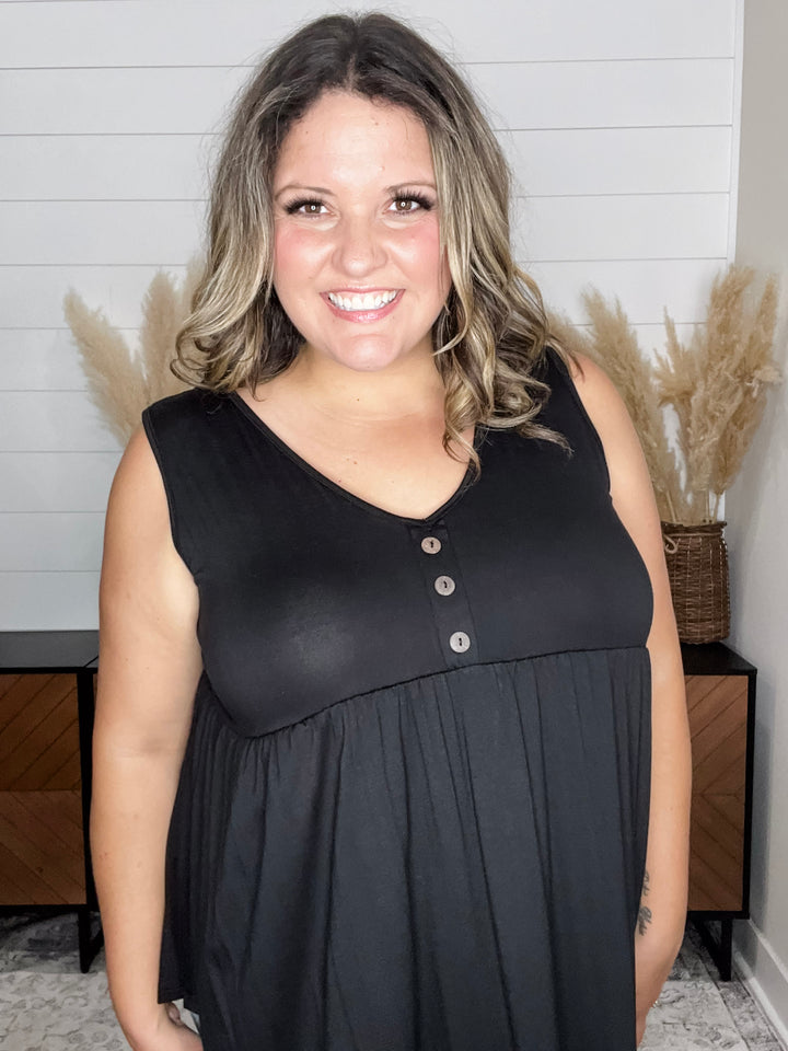 "Lottie" Babydoll V Neck Tank Top (Black)