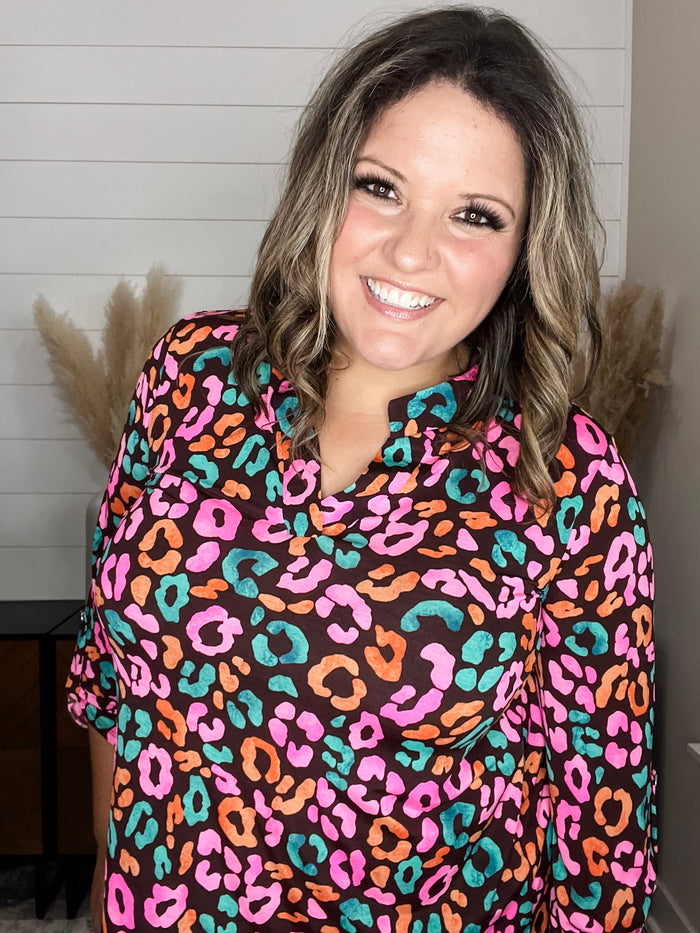 Dear Scarlett "Hastings" Animal Print Lizzy 3/4 Sleeve Split Neck