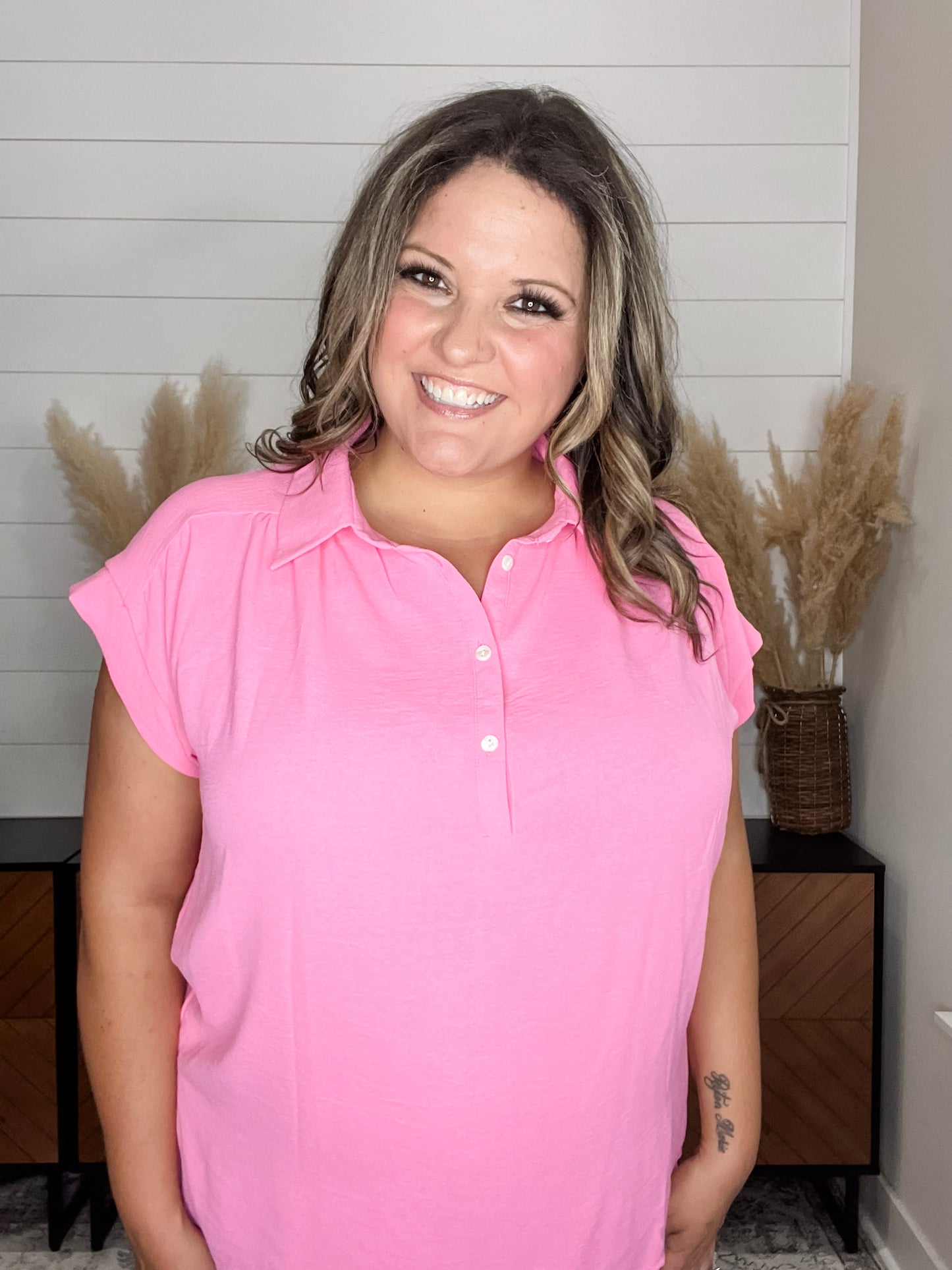 "Bailee" Collared Cap Sleeve Blouse with Front Buttons (Pink Cosmos)