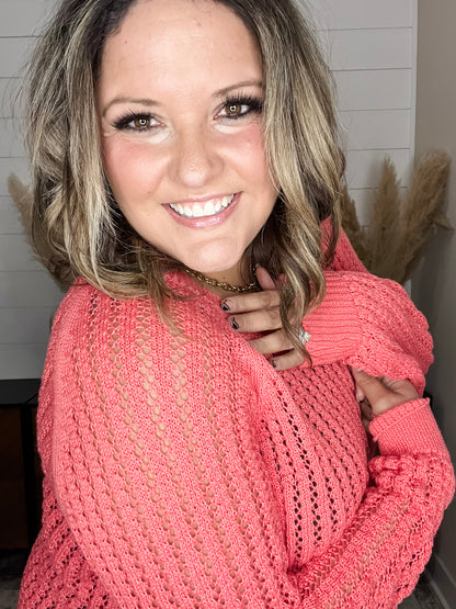 "Cut the Chill" Long Sleeve Lighweight Sweater (Coral Pink)