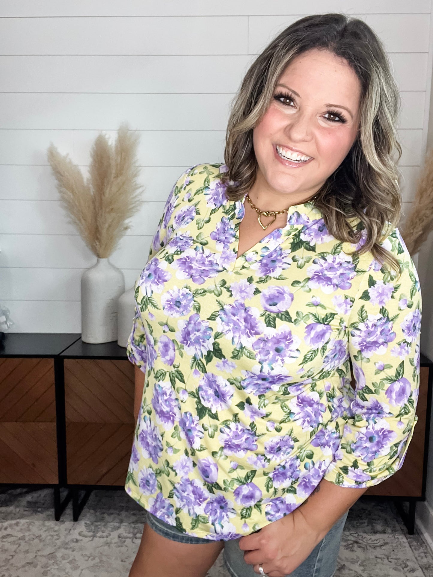 "Stealthy" Floral 3/4 Sleeve Split Neck Tops