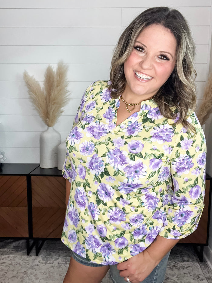 Dear Scarlett "Stealthy" Floral 3/4 Sleeve Split Neck Tops