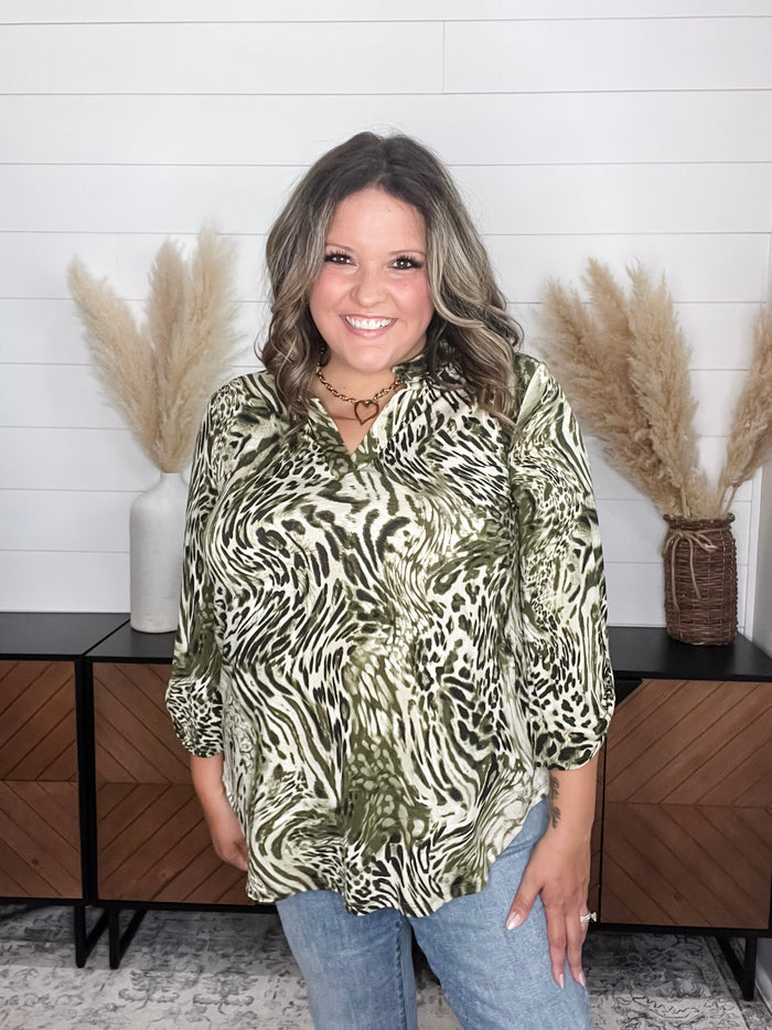 Dear Scarlett "Beliefs" Animal Print Lizzy 3/4 Sleeve Split Neck