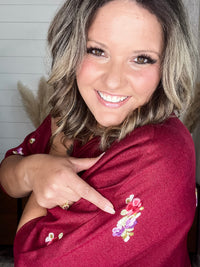 Dear Scarlett "Deceptive" Floral Embroidered Short Sleeve Dolman with Cuff and Collar (Wine)