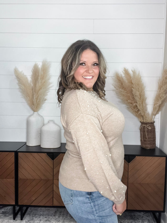 "Discreet" Long Sleeve Pearl Embellished Balloon Sleeve Sweater