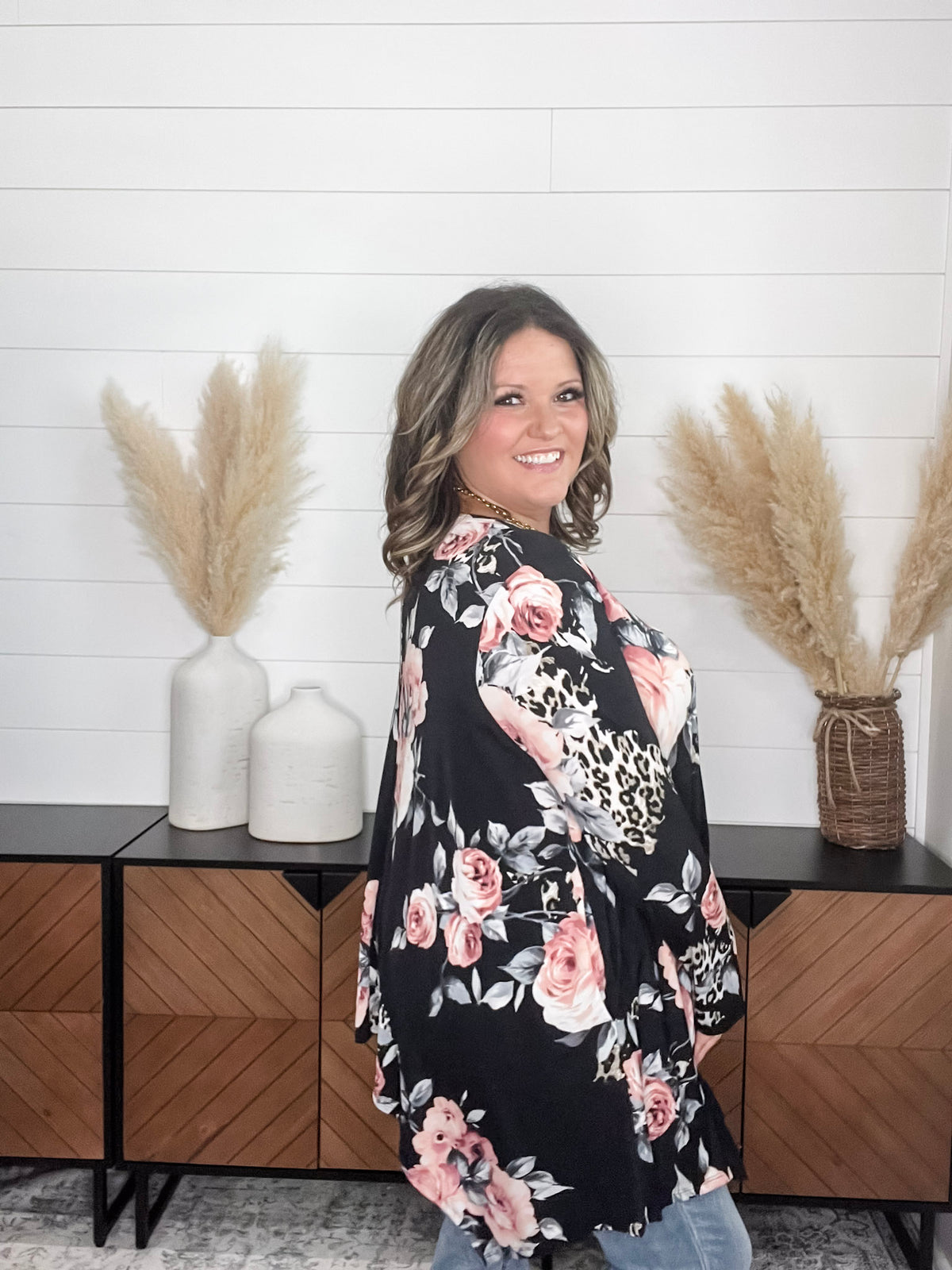 "Double Down" Floral and Animal Print Shark Bite Tunic with Pockets