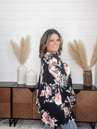 "Double Down" Floral and Animal Print Shark Bite Tunic with Pockets