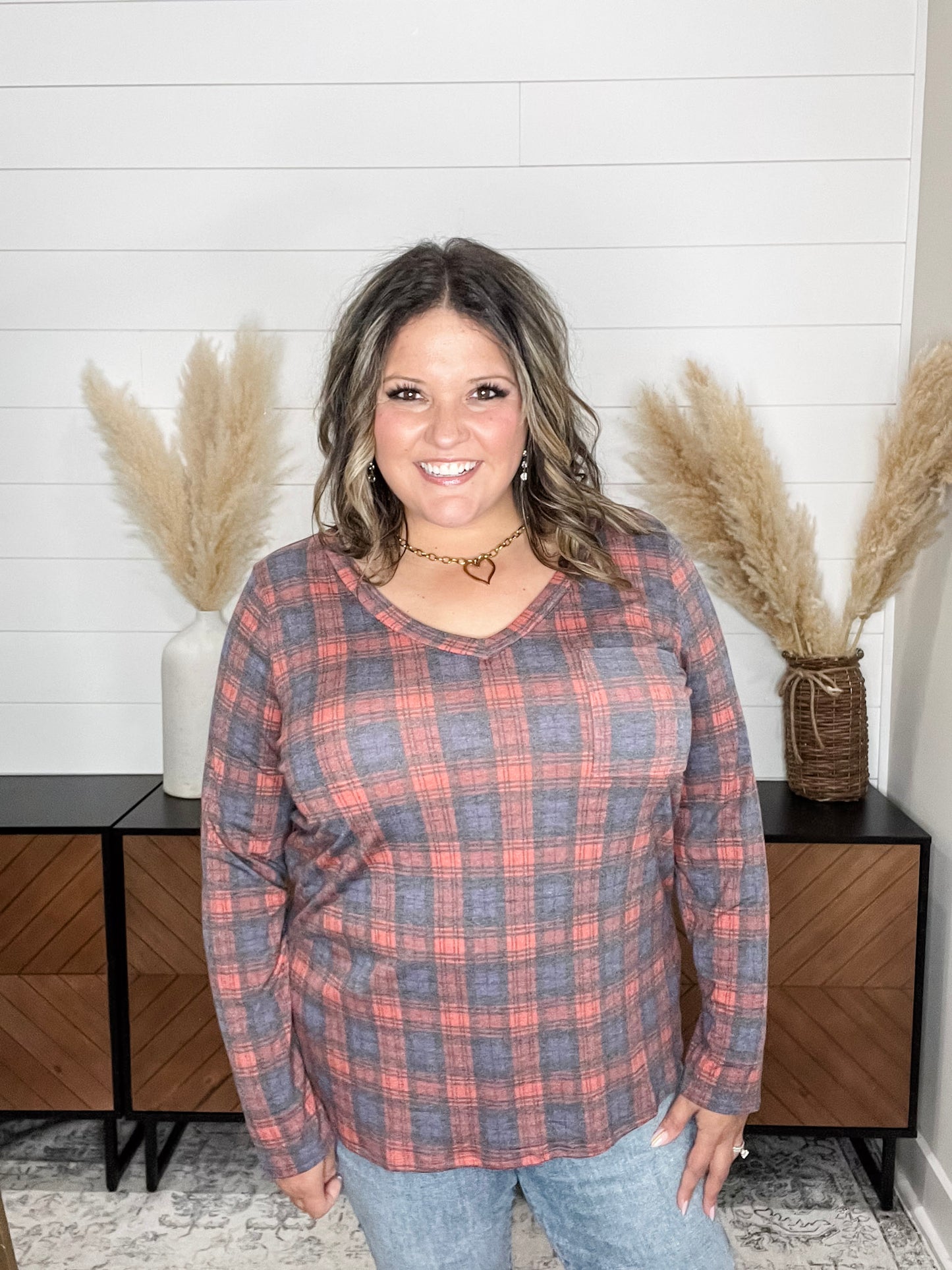 "In To It" Long Sleeve Plaid V Neck with Chest Pocket