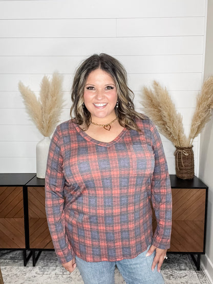 "In To It" Long Sleeve Plaid V Neck with Chest Pocket