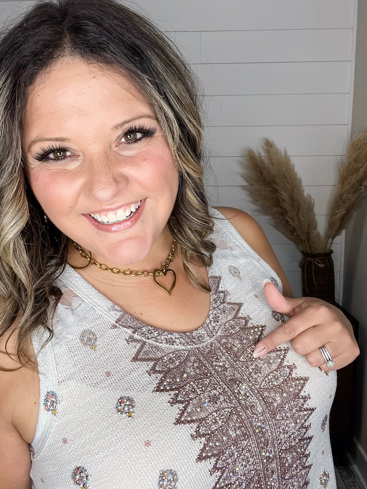 "It's A Date" Bejeweled with Lace Inserts V Neck Tank Top