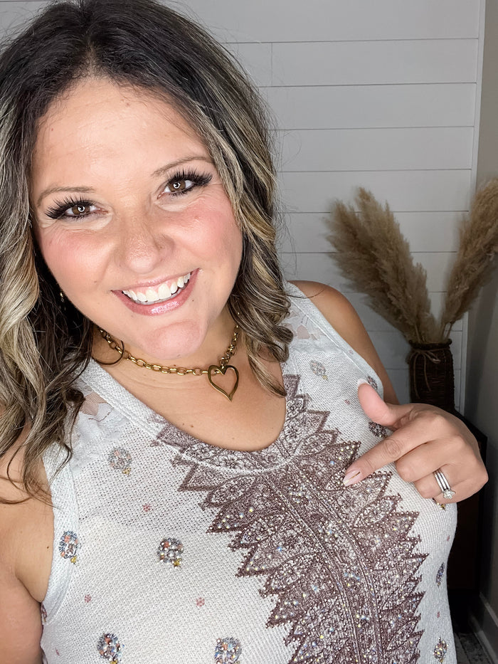 "It's A Date" Bejeweled with Lace Inserts V Neck Tank Top