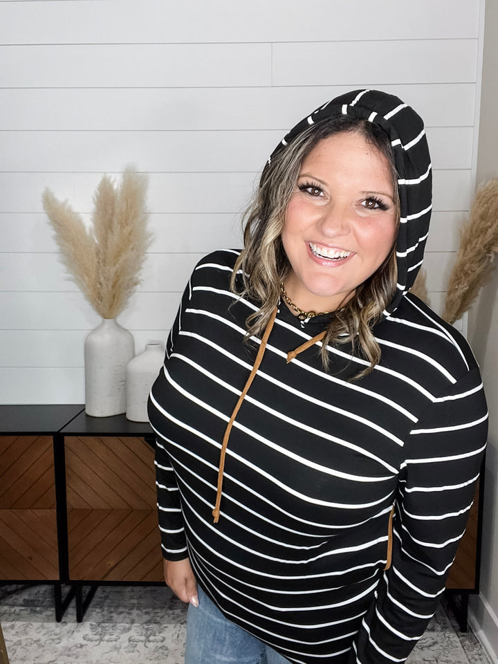 "Libby" Striped Hoodie with Faux Suede Elbow Patches