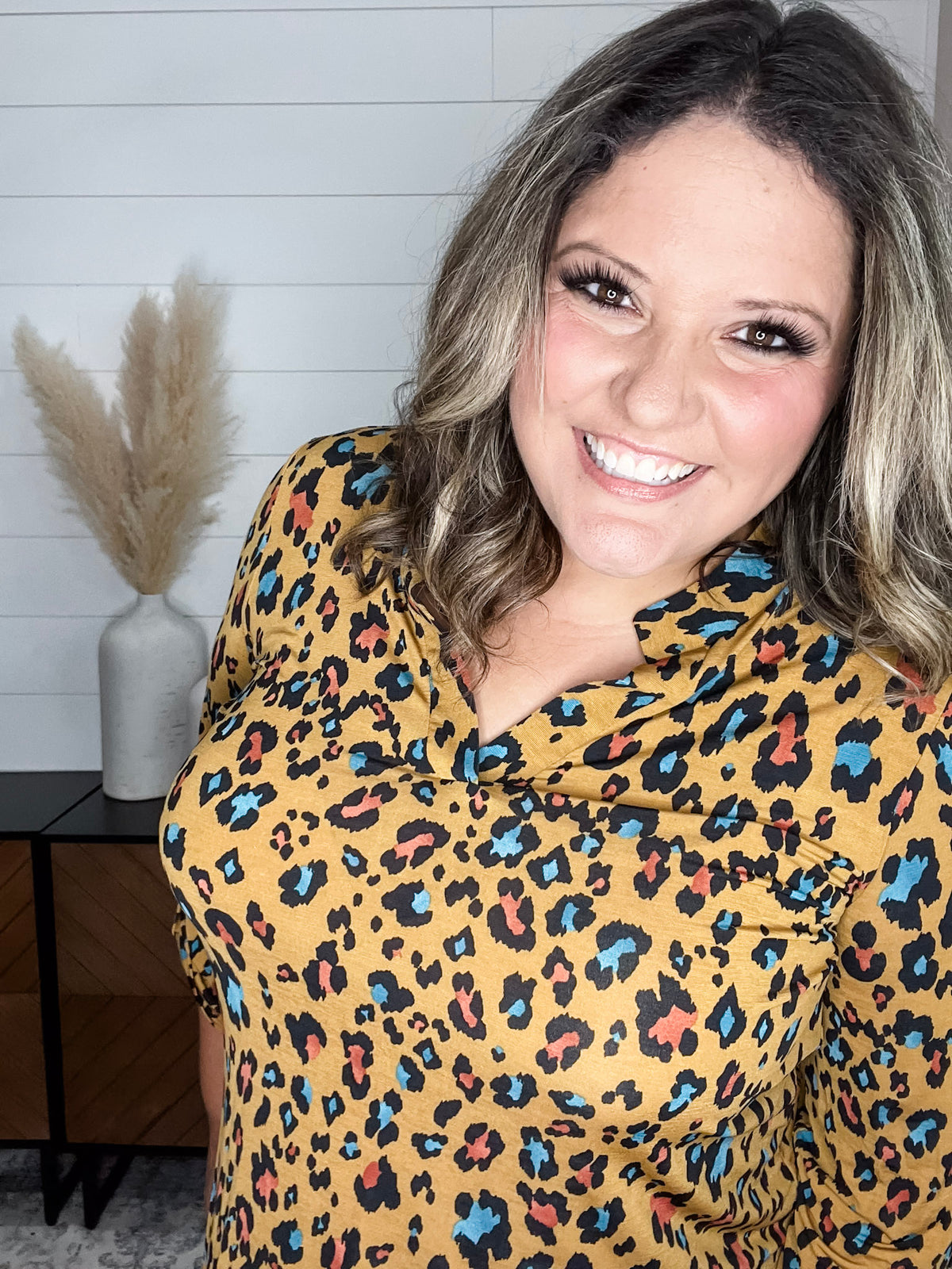 Dear Scarlett "Losing Battle" Animal Print Lizzy 3/4 Sleeve Split Neck