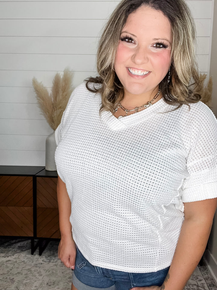 "Honeycomb" Cuffed Short Sleeve Waffle Texture Top (Ivory)