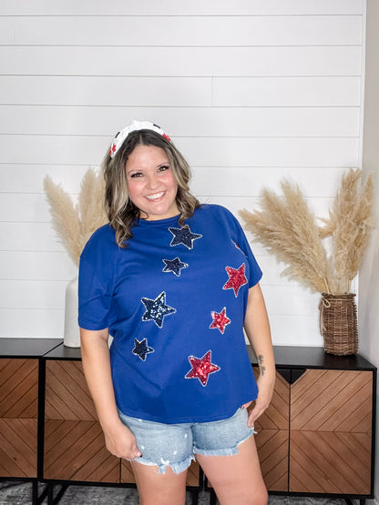 "Is Born" Sequin & Rhinestone Stars Short Sleeve