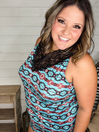 "Turner" Aztec Print Lace Detail Tank