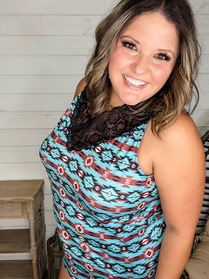 "Turner" Aztec Print Lace Detail Tank