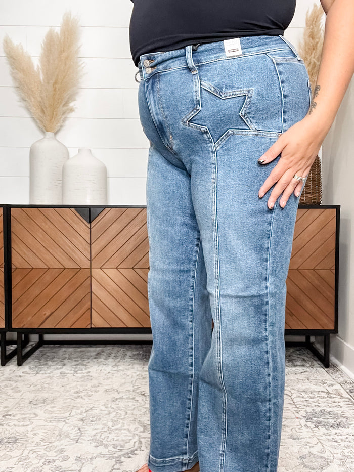 Judy Blue Star Detail Wide Leg Jeans