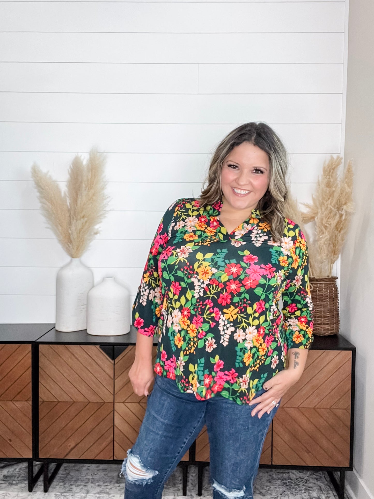 "Clayton" Floral Lizzy 3/4 Sleeve Split Neck