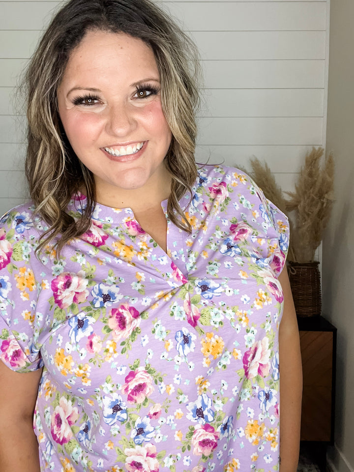 "Archer" Floral Split Neck Cuffed Short Sleeve