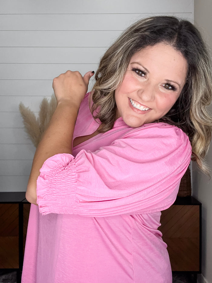 Dear Scarlett "Shocking" 3/4 Smocked Sleeve Split Neck (Pink)