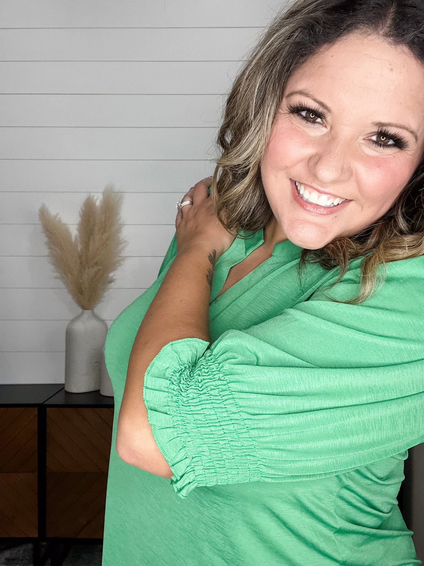 "Shocking" 3/4 Smocked Sleeve Split Neck (Kelly Green)