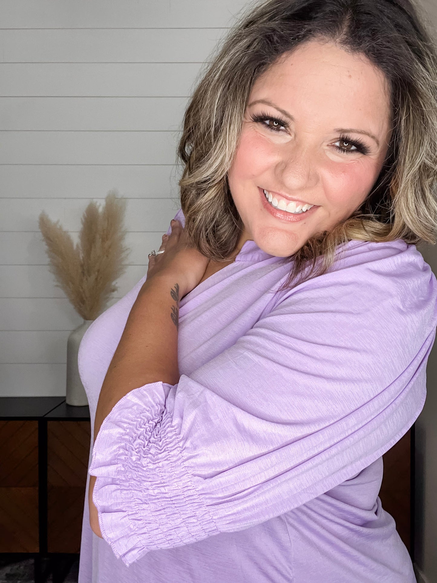 "Shocking" 3/4 Smocked Sleeve Split Neck (Lilac)