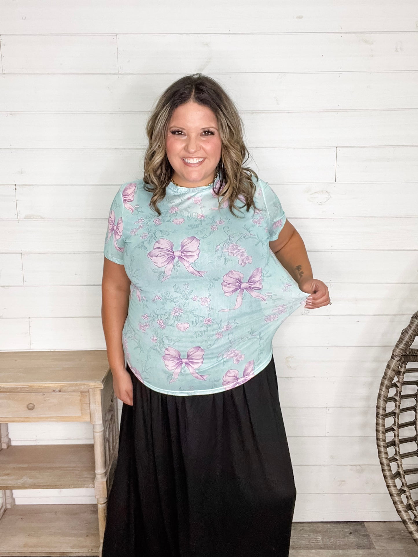 Shirley & Stone "Lavender Bows" Short Sleeve Mesh Top