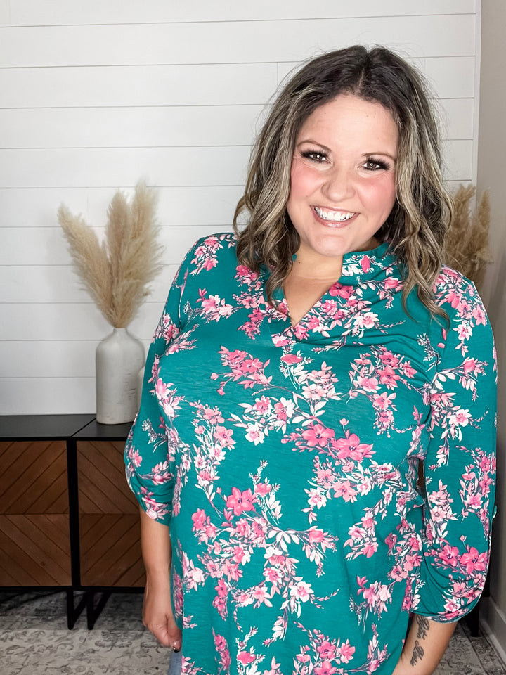 "Deception" Floral Lizzy 3/4 Sleeve Split Neck