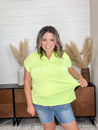 Dear Scarlett "Dare" Solid Split Neck Cuffed Short Sleeve (Neon Green)