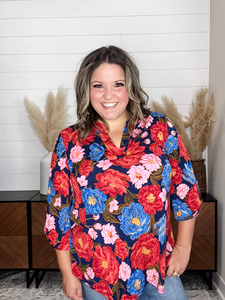 "Copeland" Floral Lizzy 3/4 Sleeve Split Neck