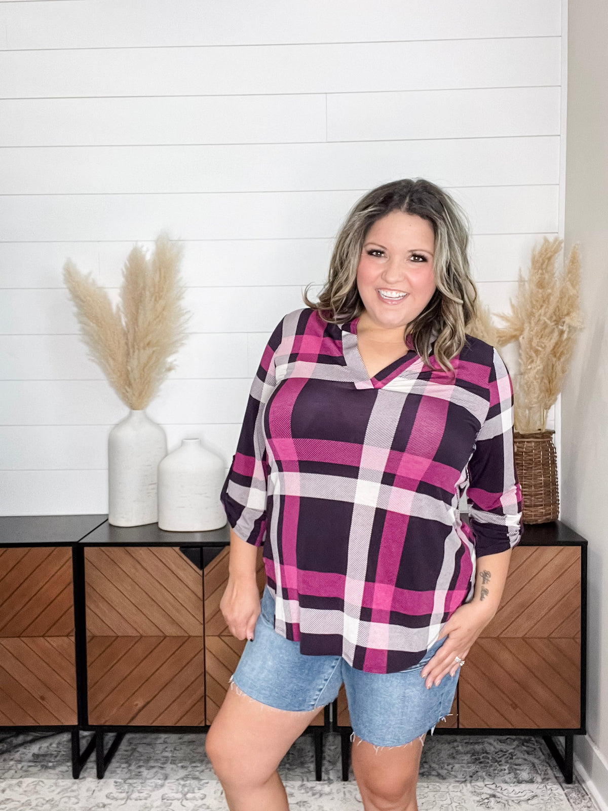Dear Scarlett "Blayne" Plaid Lizzy 3/4 Sleeve Split Neck