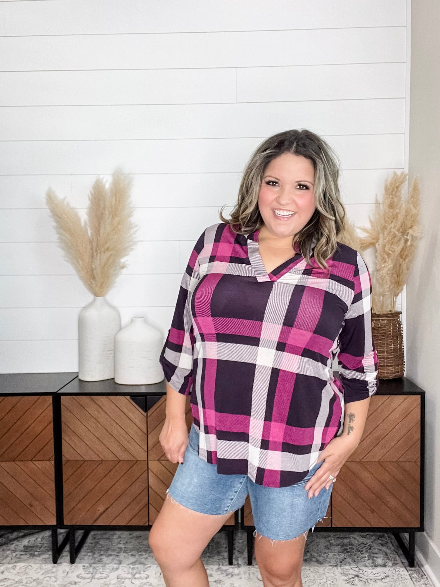"Blayne" Plaid Lizzy 3/4 Sleeve Split Neck