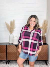 Dear Scarlett "Blayne" Plaid Lizzy 3/4 Sleeve Split Neck