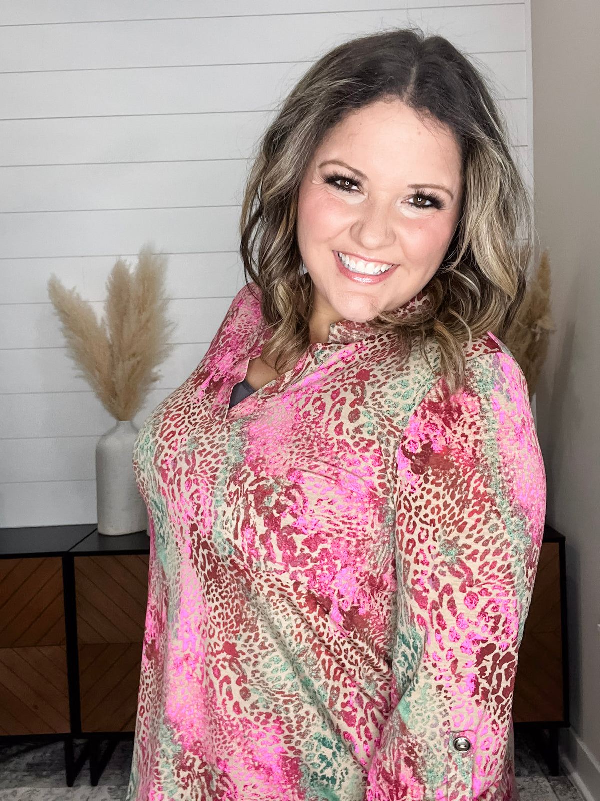 Dear Scarlett "East" Animal Print Lizzy 3/4 Sleeve Split Neck