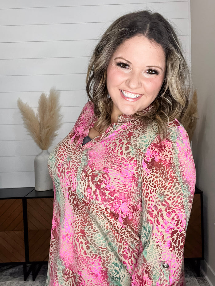 Dear Scarlett "East" Animal Print Lizzy 3/4 Sleeve Split Neck