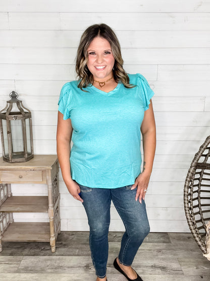 "Just The Beginning Chapter Two" Solid Tulip Sleeve V Neck (Turquoise)