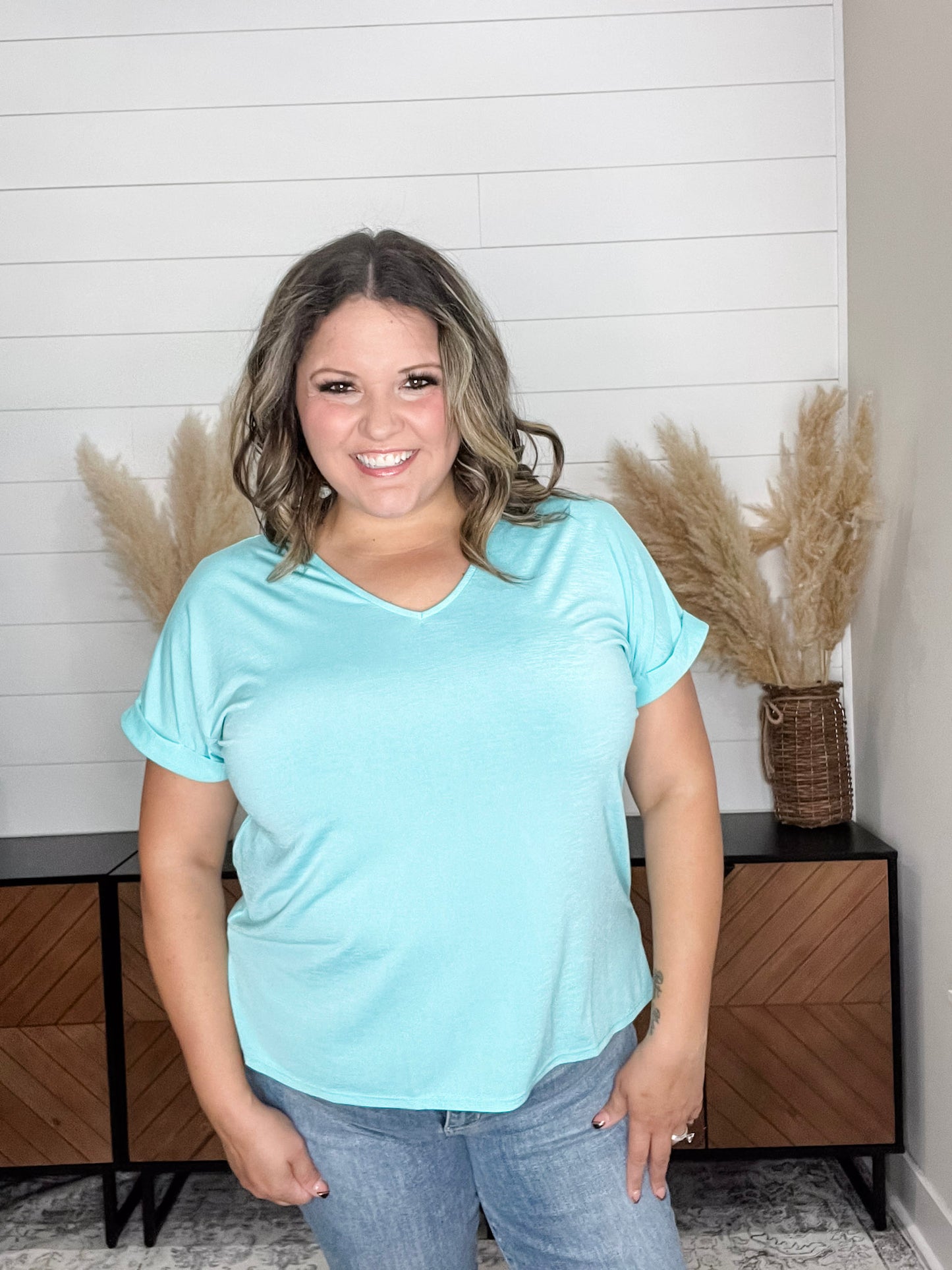 "Boise" U Neck Cuffed Short Sleeve (Neon Blue)