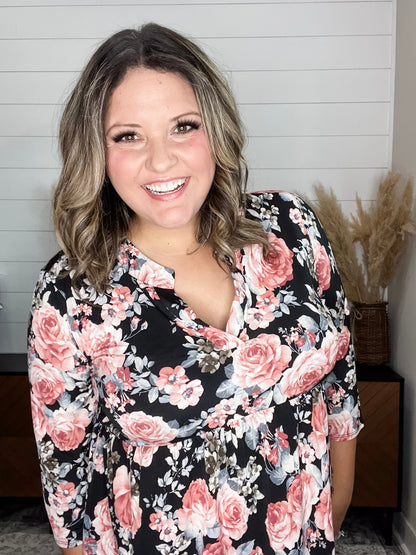 "Precise" Floral Split Neck 3/4 Sleeve Babydoll
