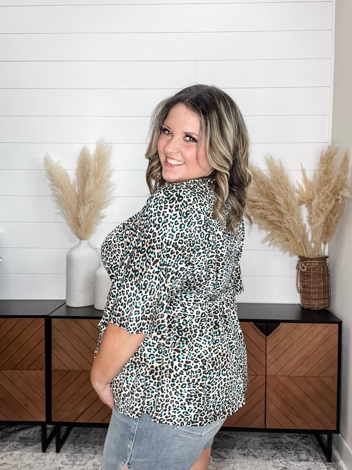 Dear Scarlett "Not This Time" Animal Print V Neck 3/4 Bell Sleeve