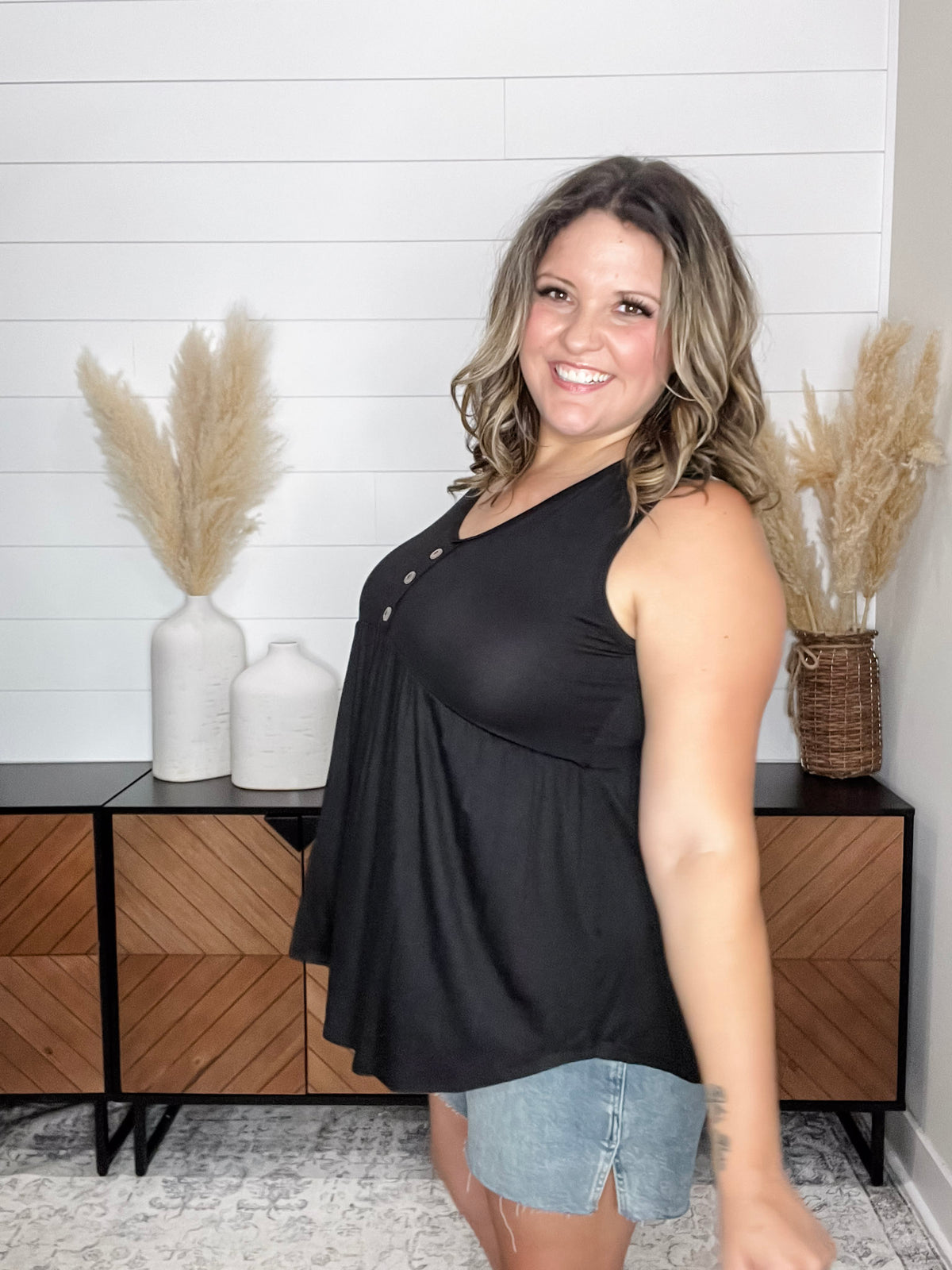 "Lottie" Babydoll V Neck Tank Top (Black)