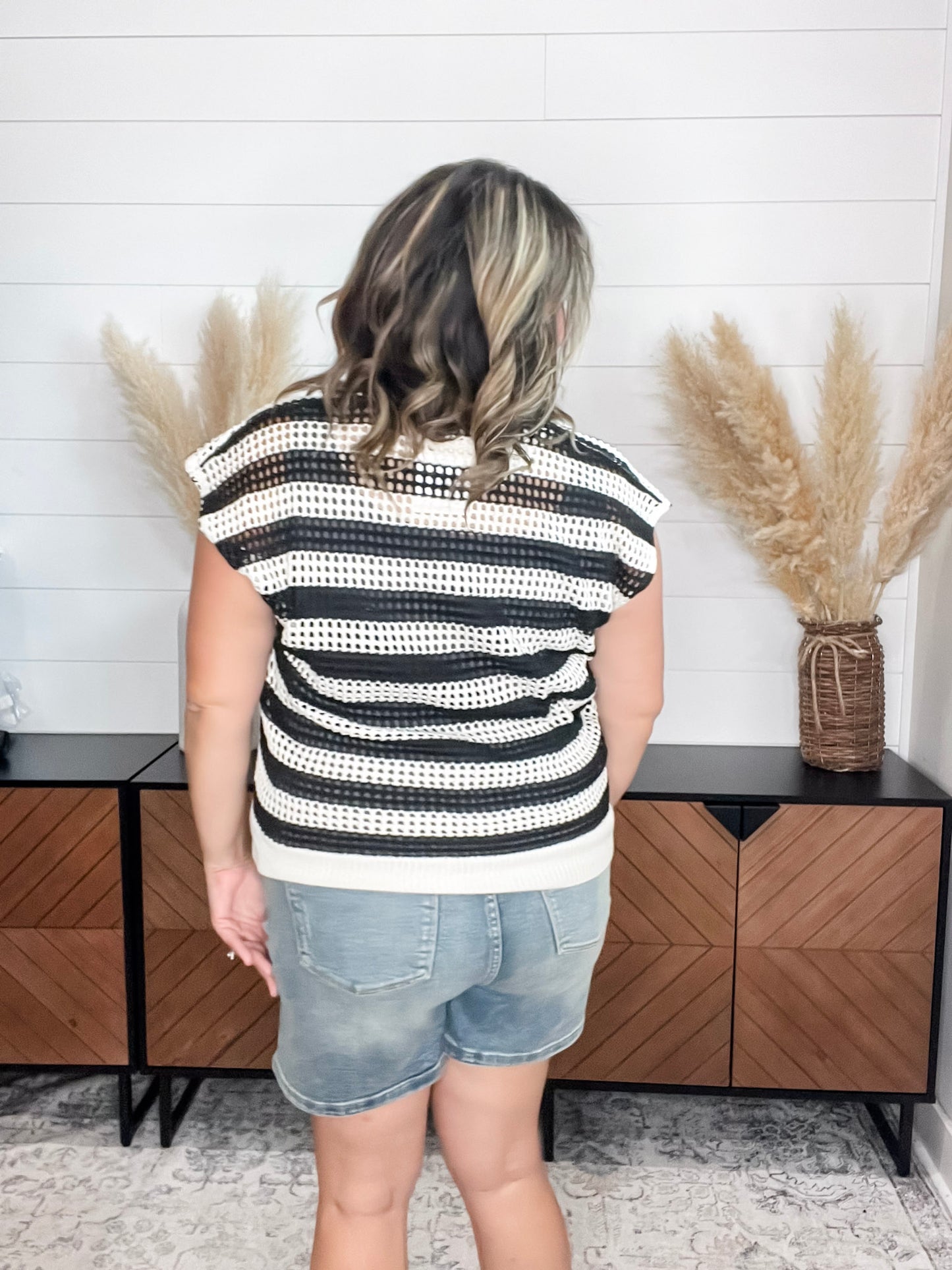 "Snapshot" Split Neck Short Sleeve Sweater