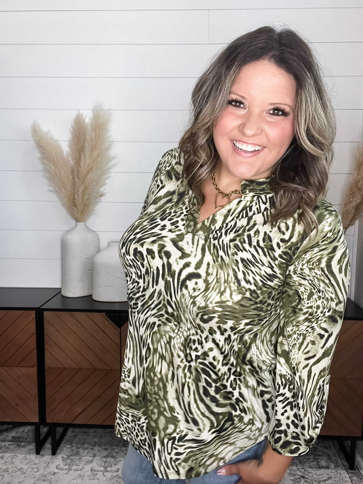 Dear Scarlett "Beliefs" Animal Print Lizzy 3/4 Sleeve Split Neck