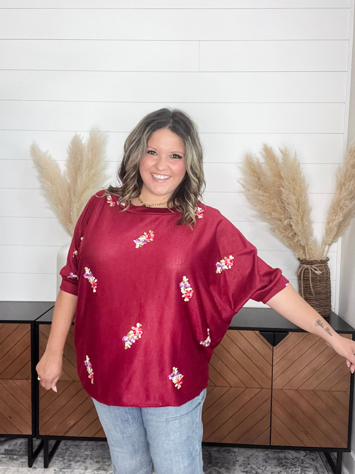 Dear Scarlett "Deceptive" Floral Embroidered Short Sleeve Dolman with Cuff and Collar (Wine)